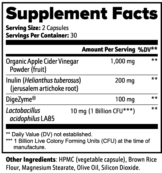 Supplement facts label for Elixir Elements Gut Health containing organic apple cider vinegar powder and other ingredients.