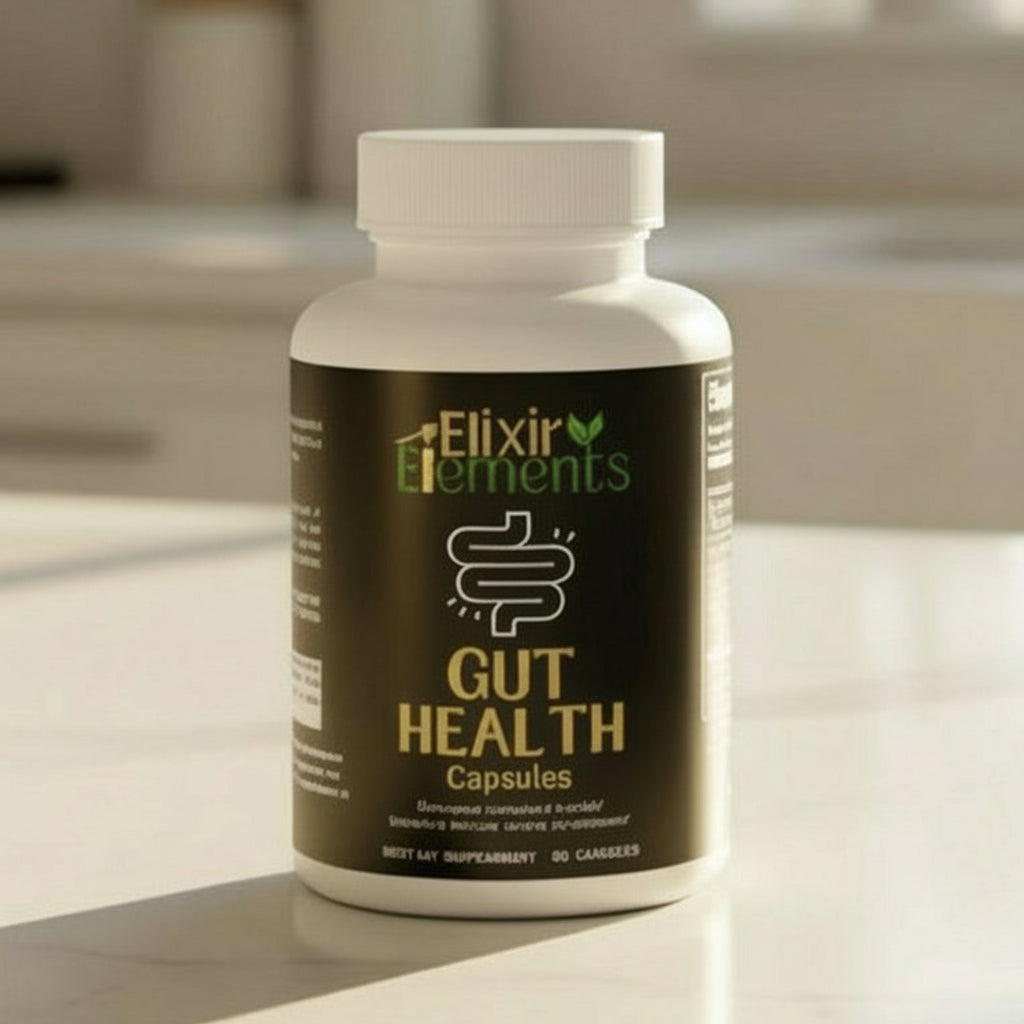 Bottle of Elixir Elements Gut Health Capsules on a white background