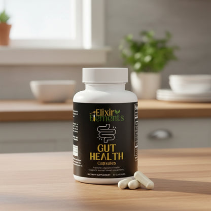 Bottle of Elixir Elements Gut Health Capsules with two capsules in a kitchen.