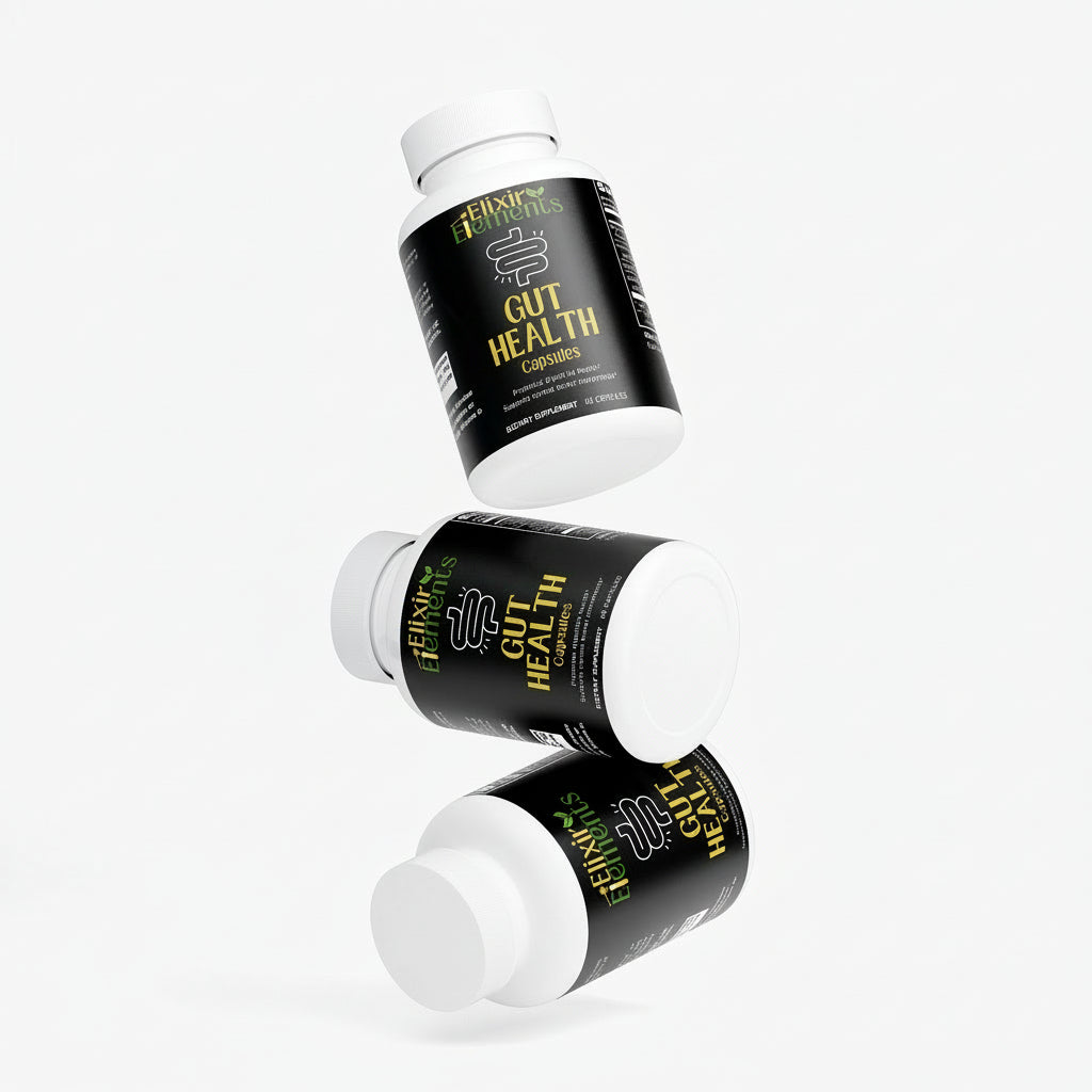 Three bottles of 'Gut Health' supplements on a white background.