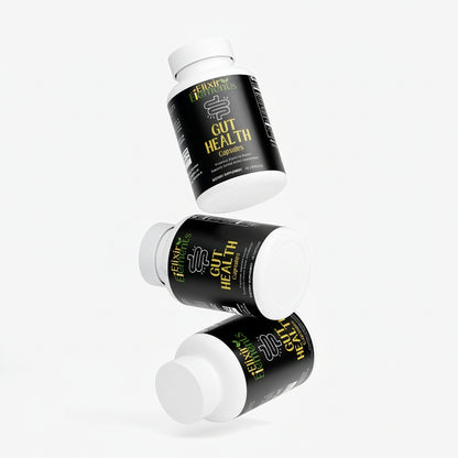 Three bottles of 'Gut Health' supplements on a white background.
