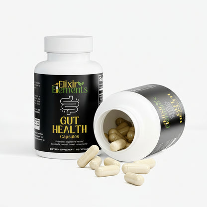 Elixir Elements Gut Health Capsules bottle with open lid showing capsules on a white background.