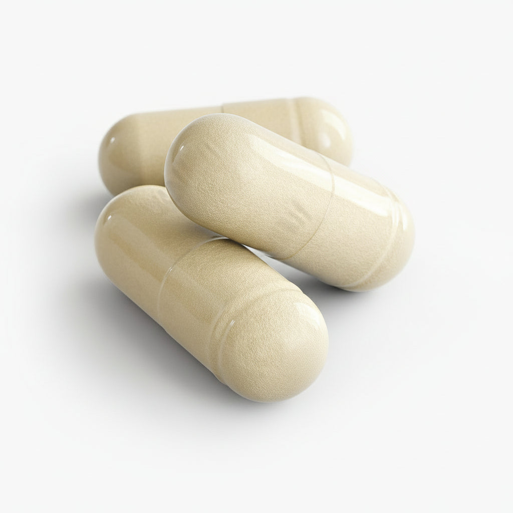 Two beige capsules on a white background.
