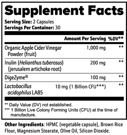 Supplement facts label for Elixir Elements Gut Health containing organic apple cider vinegar powder and other ingredients.